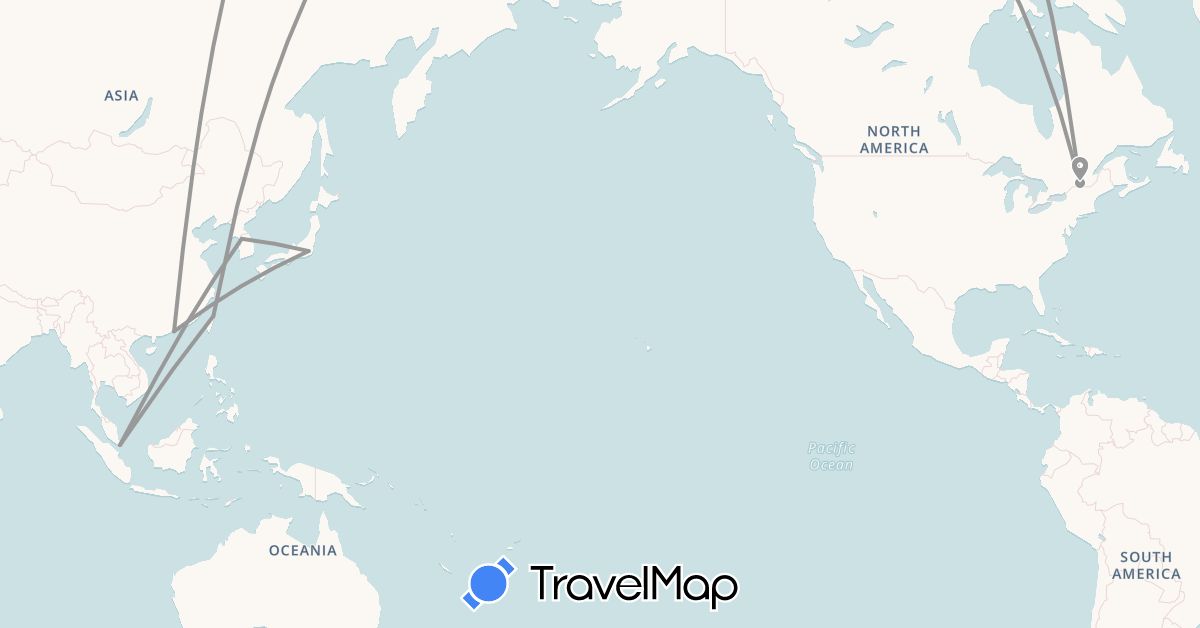 TravelMap itinerary: driving, plane in Canada, Hong Kong, Japan, South Korea, Singapore, Taiwan (Asia, North America)